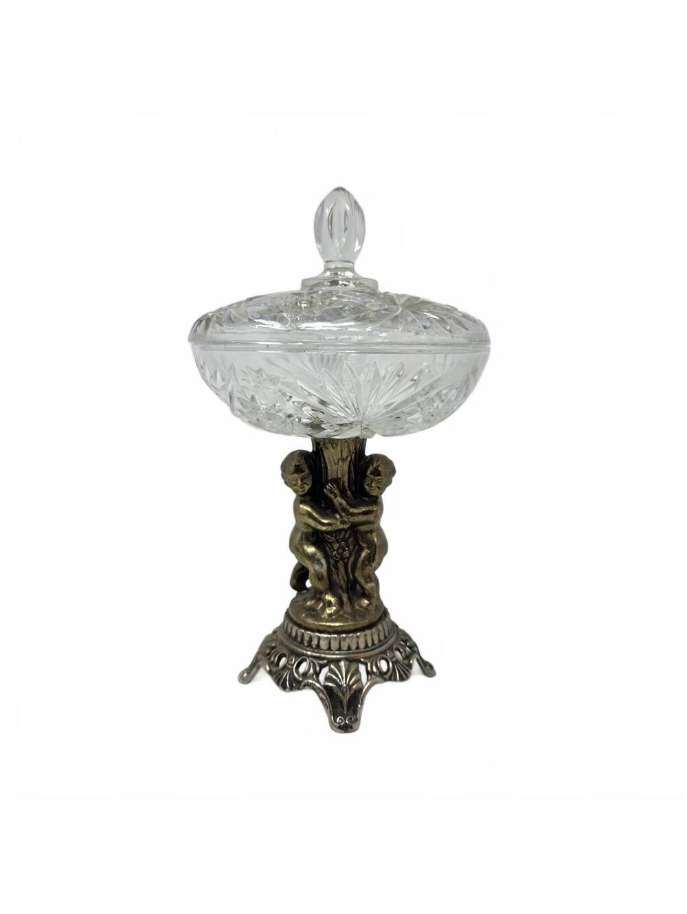 Vintage Cherub Pedestal Covered Glass Candy Dish Hollywood Regency 12.5 Inch